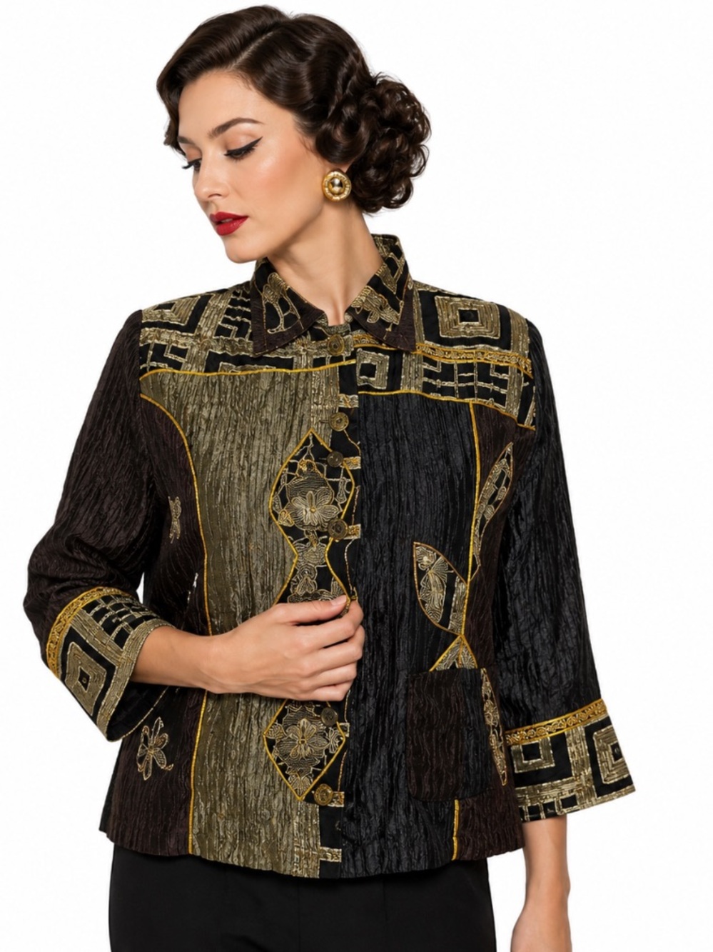 Vandana Vintage Olive Green Black Silk Boho Artsy Patchwork Eclectic Jacket Sz.M
